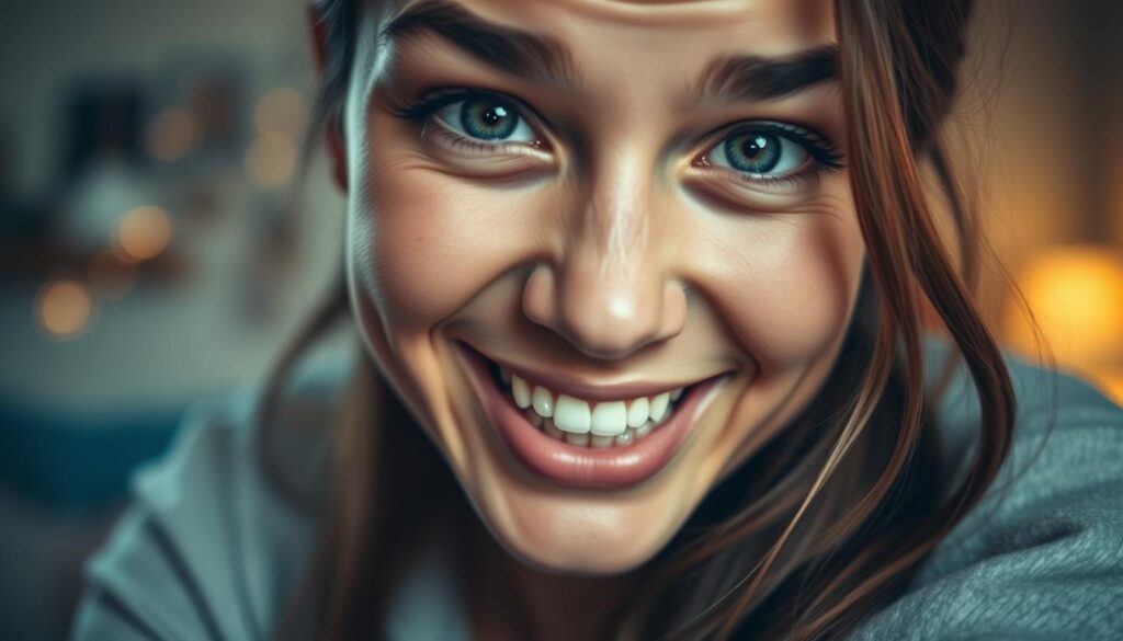 A close-up portrait of a person's face, their expression conveying a mixture of intense affection and manipulation. Their eyes are wide and searching, their smile too bright and too eager. The background is blurred, hinting at a domestic setting, suggesting a cozy, intimate space. The lighting is warm and soft, casting a flattering glow on the subject's features, creating an illusion of security and comfort. The composition draws the viewer's gaze directly to the person's face, highlighting the disconnect between their outward display of love and the underlying emotional turmoil.