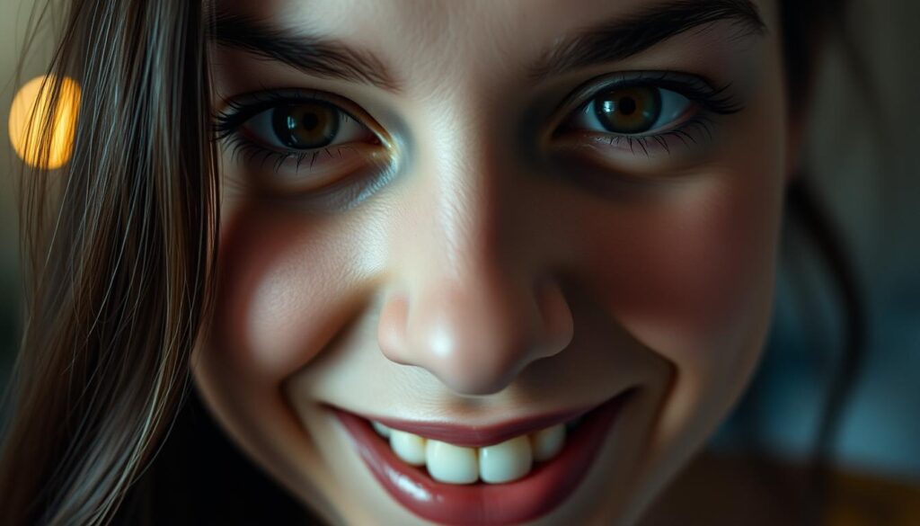 A close-up portrait of a person's face, with intense, unwavering eye contact and a warm, captivating smile. The lighting is soft and diffused, creating a sense of intimacy and emotional connection. The subject's features are sharply in focus, drawing the viewer's gaze inward, while the background is subtly blurred, minimizing distractions. The overall mood is one of intense, almost hypnotic, attention and affection, reflecting the manipulative nature of love bombing.
