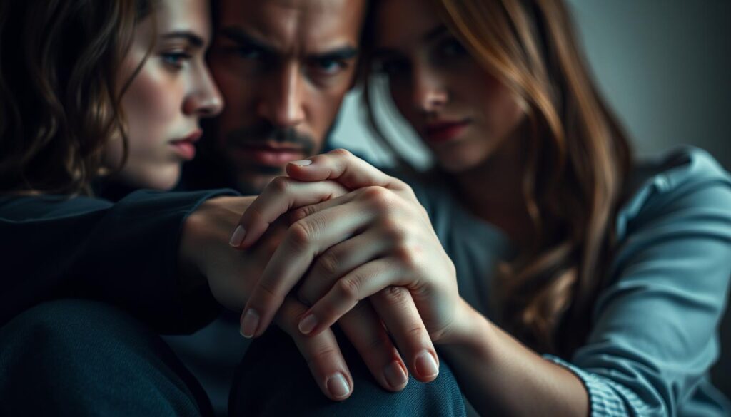 A couple sitting closely together, their faces reflecting a mix of intimacy, vulnerability, and a hint of unease. The foreground features their hands intertwined, fingers grazing skin, conveying a sense of connection and affection, yet an underlying tension. The middle ground showcases their expressions, one partner's gaze intense and consuming, the other's expression slightly guarded. The background is softly blurred, lending a dreamlike, almost oppressive quality, as if the world has narrowed to just the two of them. Dramatic, high-contrast lighting casts dramatic shadows, heightening the emotional intensity. Captured with a cinematic, shallow depth of field lens, the scene evokes a sense of the "perfect trap" - a relationship that appears perfect on the surface but conceals a more complex and potentially damaging dynamic.