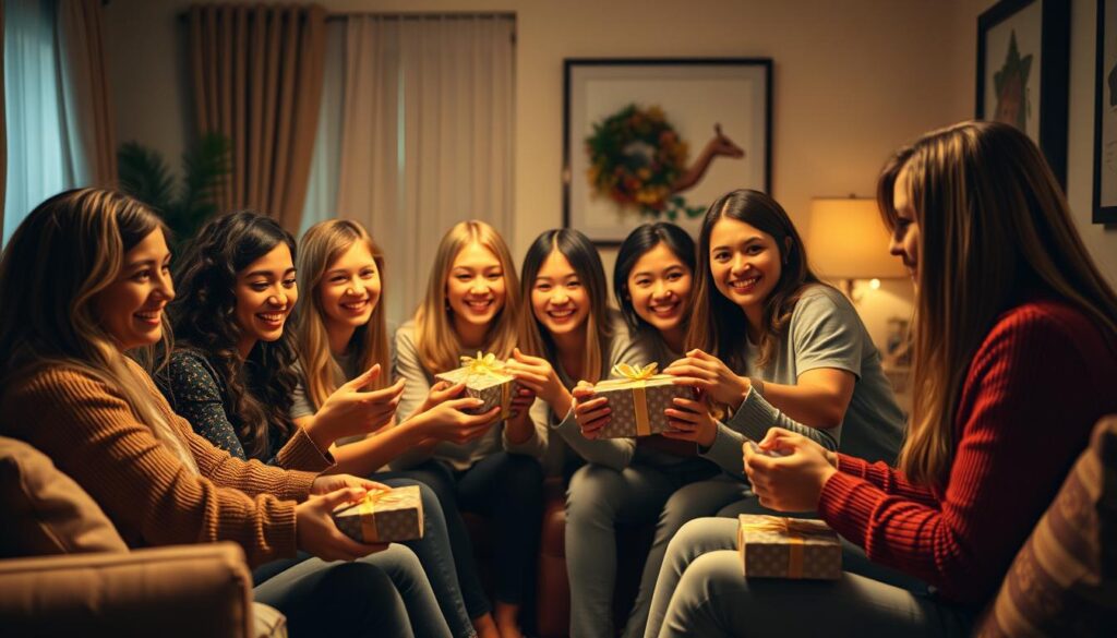 A cozy living room, filled with plush cushions and warm lighting, sets the stage for a gathering of friends. In the foreground, a group of individuals eagerly exchange gifts, their faces aglow with exaggerated smiles that don't quite reach their eyes. Subtle hints of unease creep in, as the camera captures subtle glances and tense body language, hinting at the underlying pressures of this "friend bombing" dynamic. The scene is bathed in a soft, golden hue, creating an illusion of comfort and camaraderie, masking the true intentions that simmer beneath the surface.