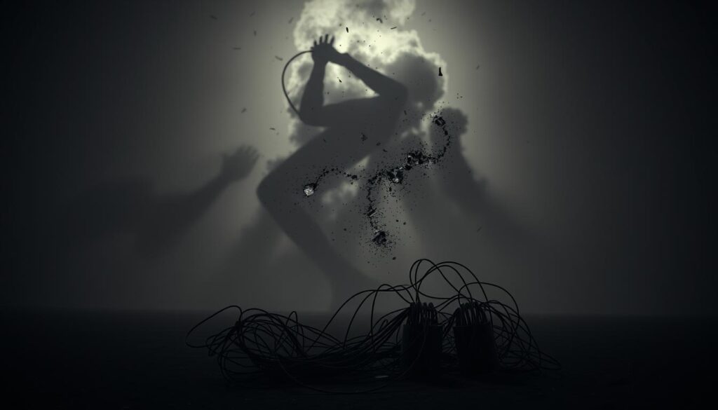 A dark, ominous cloud of shattered glass and debris, casting an eerie shadow across a stark landscape. In the foreground, a twisted web of metal and wires, hinting at a sinister pattern. The mid-ground is shrouded in a hazy, dreamlike filter, emphasizing the sense of disorientation and loss of control. The background fades into a muted, monochromatic palette, suggesting the emotional detachment and isolation of the victim. Dramatic chiaroscuro lighting creates a sense of tension and foreboding, as if the scene is frozen in a moment of impending disaster. The overall composition conveys the manipulative, cyclical nature of the "love bombing" phenomenon, leaving the viewer unsettled and uncertain.