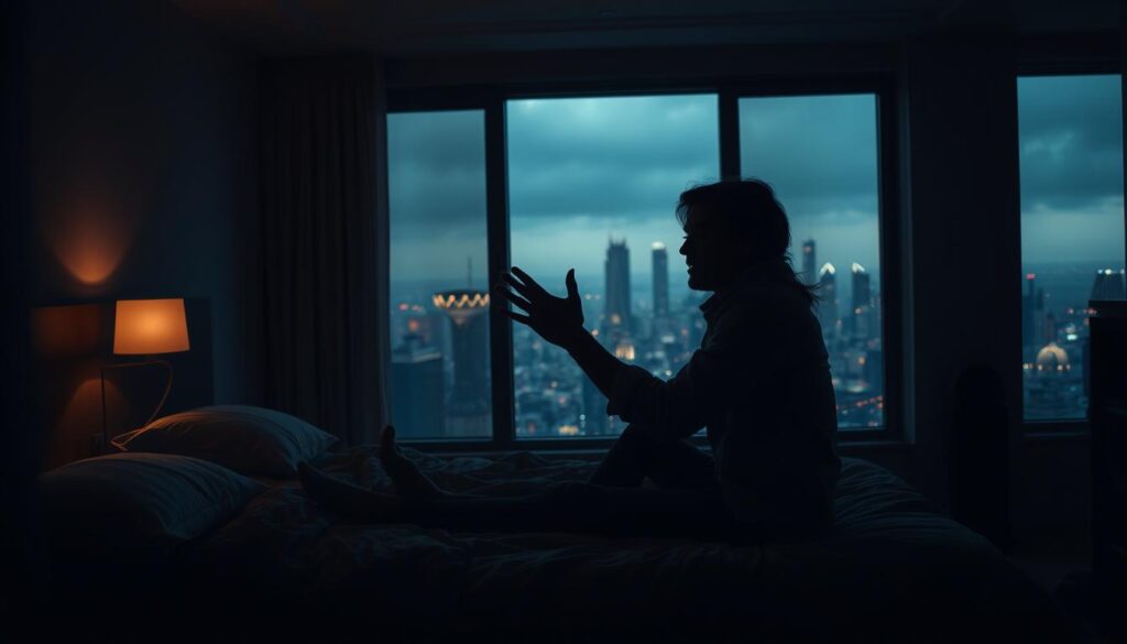 A dimly lit bedroom scene, with a person sitting on the edge of a bed, engaged in intense, grandiose gesturing. Dramatic chiaroscuro lighting casts dramatic shadows, conveying a sense of vulnerability and manipulation. In the background, a large window overlooks a futuristic cityscape, hinting at the person's lofty promises and grand visions for the relationship. The overall atmosphere is one of emotional intensity, with a hint of unease and deception.