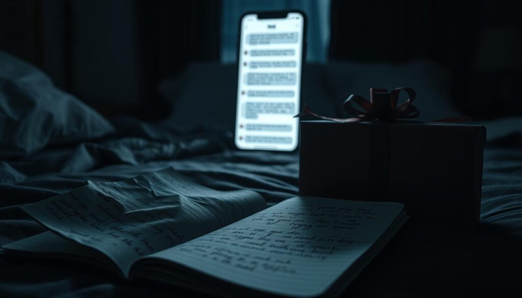 A dimly lit bedroom with an unsettling atmosphere. In the foreground, a crumpled notebook lies open, its pages scribbled with cryptic notes. Beside it, an expensive-looking gift box, its ribbon askew, hinting at a calculated display of vulnerability. In the middle ground, a smartphone displays a series of urgent messages, their tone shifting from affectionate to possessive. The background is shrouded in shadows, evoking a sense of isolation and unease. Cinematic lighting casts dramatic shadows, emphasizing the sinister undertones. This scene captures the subtle, manipulative signs of grooming, where false intimacy masks a predatory intent.