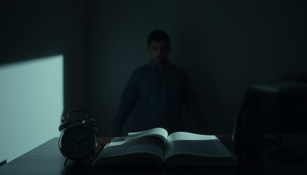 A dimly lit room, shadows creeping across the walls. In the foreground, a series of everyday objects - a clock, a book, a phone - arranged in a seemingly innocuous manner, yet conveying a subtle sense of control and manipulation. The middle ground reveals a figure, their face obscured, projecting an aura of vulnerability and dependence. The background fades into a hazy, unsettling atmosphere, hinting at the underlying psychological complexities of coercive control. Soft, muted tones create a sense of unease, while the lighting casts a haunting, chiaroscuro effect, drawing the viewer's gaze to the hidden signs of manipulation.