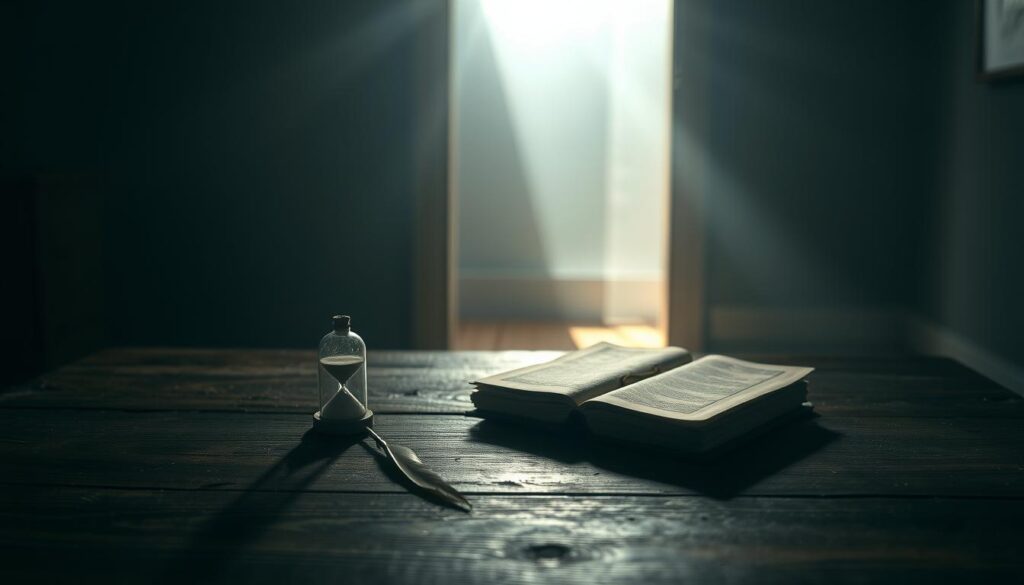 A dimly lit room with a wooden table in the foreground, upon which lies an hourglass, a quill, and a tattered journal. The background is hazy, with a doorway visible in the distance, representing the boundaries one must establish. The lighting is soft and moody, casting shadows that symbolize the complexities of setting limits. A single beam of light illuminates the table, drawing the viewer's focus to the tools of self-reflection and personal agency. The atmosphere is contemplative, inviting the observer to consider the importance of boundaries in the face of manipulation and narcissistic behavior.