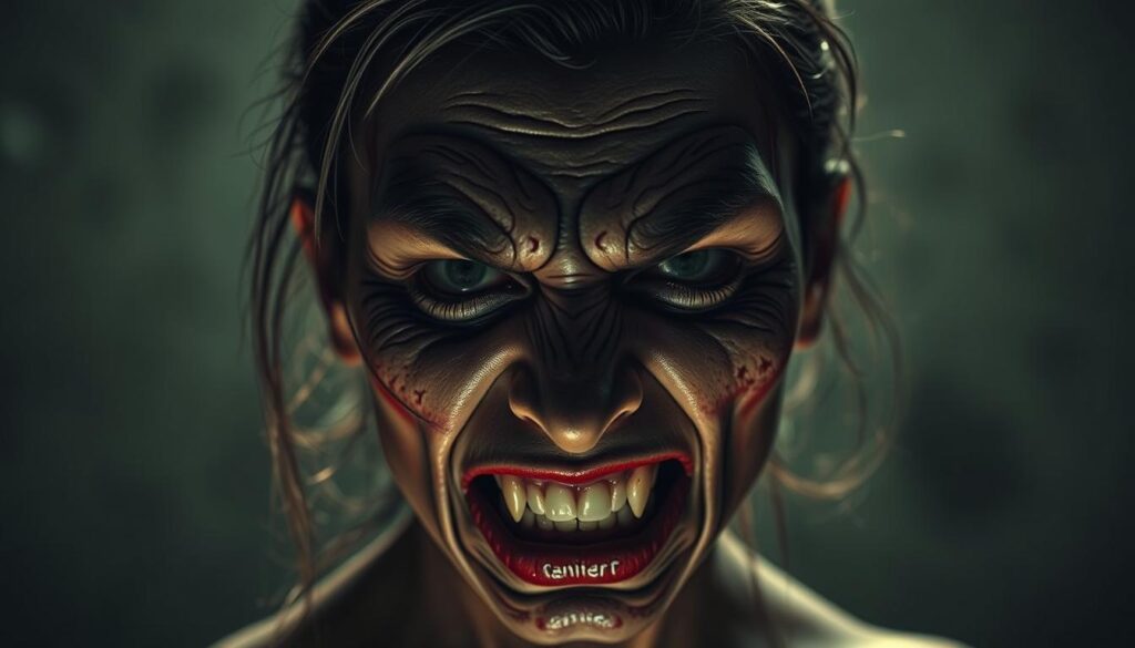 A harsh, desaturated scene of a once vibrant and idealized face, now distorted and twisted with contempt. The features appear to melt and warp, as if the visage is crumbling under the weight of its own malignant emotions. Dramatic shadows and harsh lighting cast an ominous, almost demonic aura, conveying a sense of betrayal and the shattered illusion of perfection. The background is blurred and indistinct, keeping the focus squarely on the deteriorating face - a visual metaphor for the descent from love bombing to devaluation.