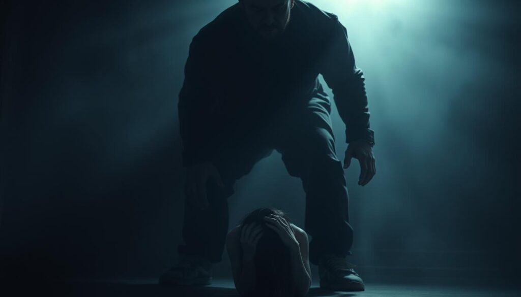 A looming, oppressive figure towers over a cowering, fragile person, their face obscured in shadow. The intense glare of the spotlight above casts an eerie, unsettling glow, distorting the scene. The background is hazy, dreamlike, with a sense of unease and isolation. Harsh shadows and deep contrast create a sense of entrapment, overwhelming the smaller figure. The composition emphasizes the power imbalance, the dominating presence casting its influence and control. An atmosphere of manipulation, coercion, and the gradual erosion of autonomy pervades the image, reflecting the insidious nature of love bombing.