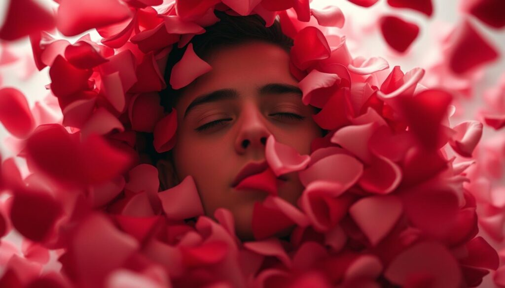A person's face overwhelmed by a swirling vortex of red, pink, and white rose petals, symbolizing the suffocating nature of love bombing. The petals envelop the face, obscuring the individual's features, conveying a sense of loss of identity and autonomy. The lighting is soft and hazy, creating an ethereal, dreamlike atmosphere that highlights the intensity and emotional turmoil of the experience. The background is intentionally blurred, keeping the focus on the central figure and the symbolic representation of love bombing.