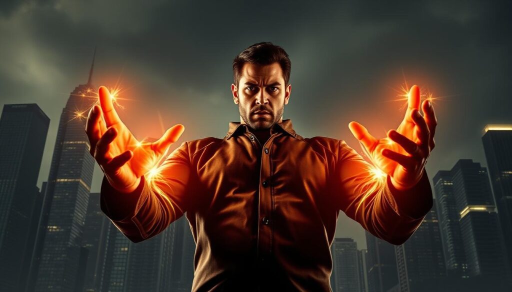 A powerful figure stands tall, their gaze intense and unwavering. Glowing energy emanates from their outstretched hands, commanding attention. In the background, a dramatic cityscape with towering skyscrapers provides a sense of urban grandeur. Dramatic lighting casts shadows, heightening the sense of authority and control. The composition is balanced, with the subject occupying the central focus. The overall atmosphere is one of confident, assertive presence - a visual representation of the "power moves" that can be wielded in the face of manipulation or mistreatment.