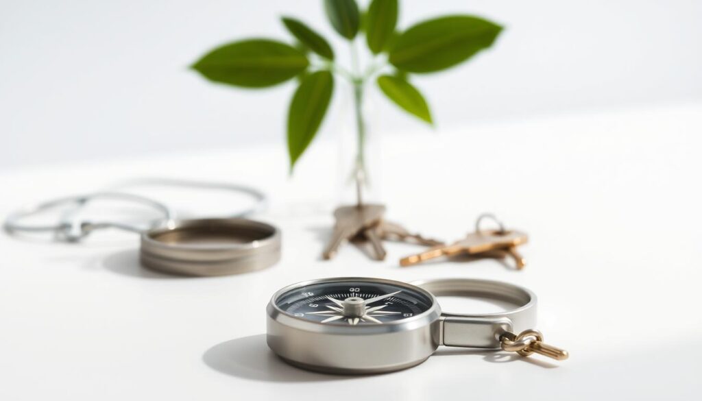 A serene and minimalist safety plan, with a white background and soft natural lighting. In the foreground, a simple compass, symbolizing guidance and direction. In the middle ground, a set of keys, representing a means of escape and independence. In the background, a leafy plant, signifying growth, renewal, and a sense of calm. The overall composition conveys a sense of preparedness, resilience, and a commitment to personal safety and well-being.