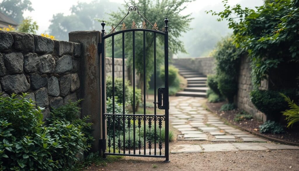 A serene garden, its boundaries marked by weathered stone walls and lush, verdant foliage. In the foreground, a wrought-iron gate stands open, inviting yet guarded, symbolizing the delicate balance between connection and protection. The middle ground features a winding path, leading the viewer inward, as if to suggest the journey of setting and maintaining healthy boundaries. Soft, diffused lighting casts a contemplative glow, while the background is hazy and dreamlike, evoking a sense of tranquility and introspection. The overall atmosphere conveys the importance of creating safe, personal spaces within the dynamic of relationships.
