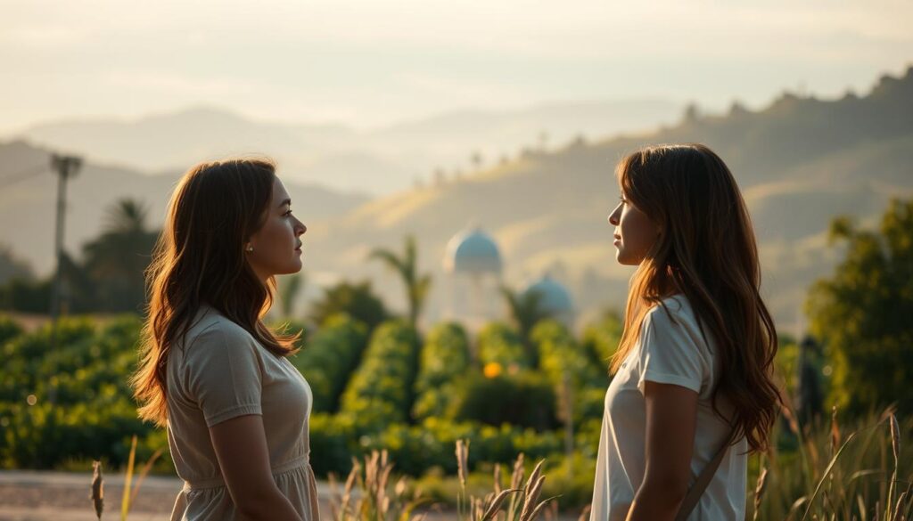 A serene landscape, a tranquil scene where the boundary between real love and love bombing is explored. In the foreground, two individuals stand facing each other, their expressions conveying a delicate balance of intimacy and uncertainty. Soft, warm lighting casts a gentle glow, highlighting the subtle nuances of their body language and the emotional tension between them. The middle ground features a lush, verdant garden, a symbol of the flourishing potential of genuine connection. In the background, a hazy, dreamlike horizon suggests the ethereal nature of the experience, blurring the line between reality and perception. The overall atmosphere is one of introspection, inviting the viewer to ponder the complexities of love and the importance of establishing healthy boundaries.