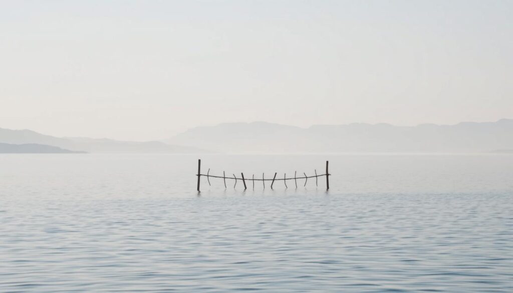 A serene, minimalist landscape depicting the concept of boundaries. In the foreground, a tranquil lake reflects the soft, diffused light of the sky above. The middle ground features a delicate, understated fence or boundary marker, crafted from natural materials like wood or stone, gently dividing the scene. The background showcases a distant, hazy mountain range, symbolizing the importance of having defined yet flexible limits. The overall mood is one of balance, security, and the empowerment that comes from establishing healthy boundaries.