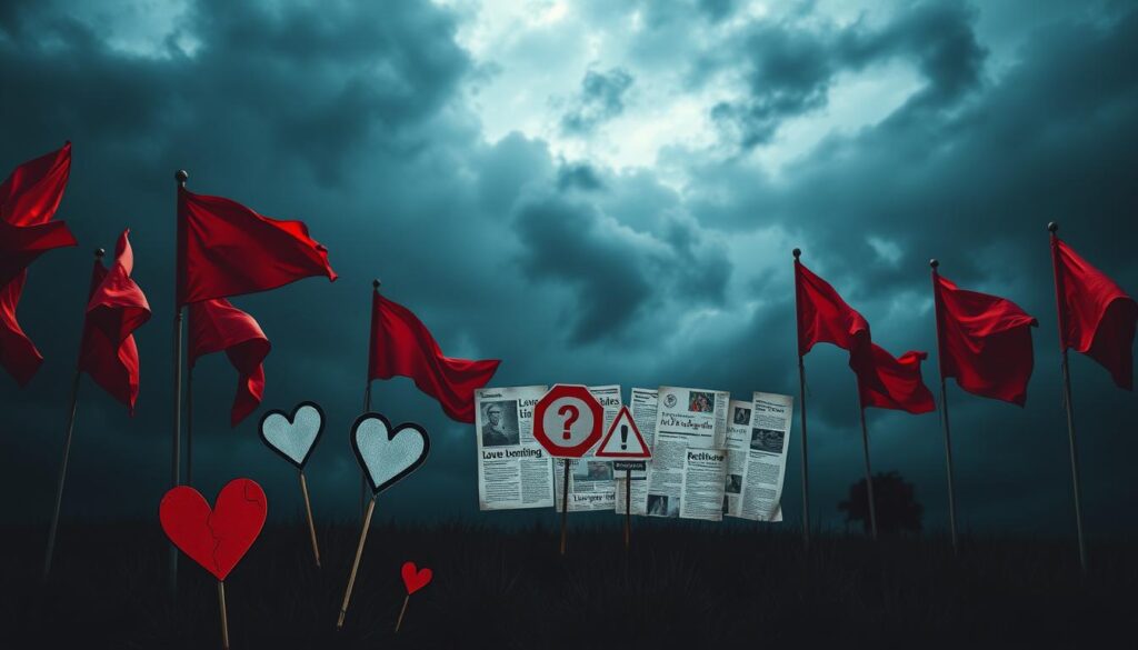 A series of red flags fluttering against a dark, ominous sky, casting foreboding shadows on the ground. In the foreground, a hand-drawn, stylized illustration of various warning signs - a broken heart, a stop sign, a question mark, and other symbolic icons. The middle ground features a collage of newspaper clippings, text messages, and other visuals representing the cycle of love bombing and devaluation. The background is a moody, low-key lighting setup, with a vignette effect to draw the viewer's attention to the central elements. The overall tone is one of caution, introspection, and the need to pay attention to potential red flags in relationships.