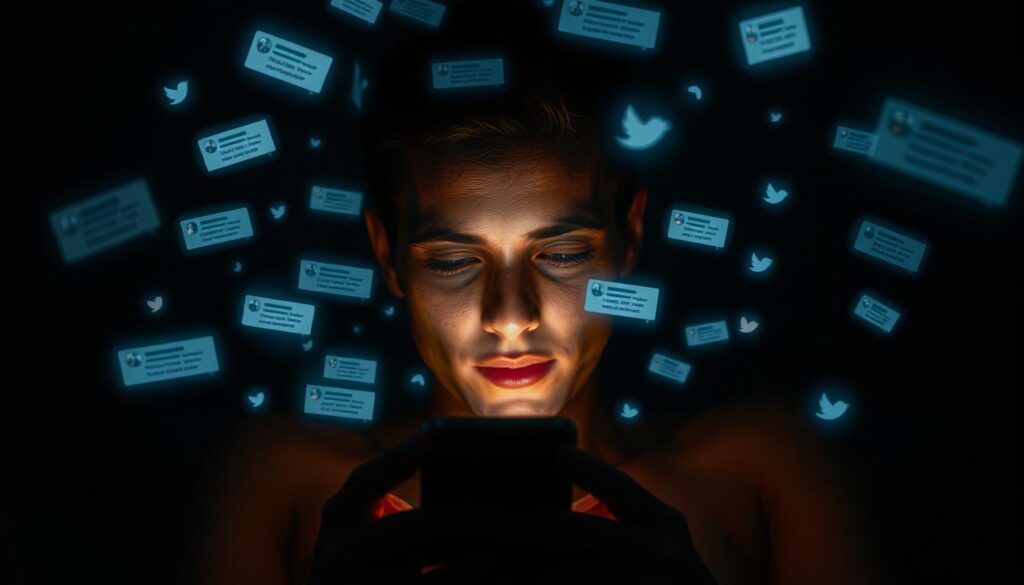 A smartphone screen illuminates a shadowy bedroom, casting a ghostly glow on a person's face. Glowing text messages and social media posts swirl around, enveloping the subject in a digital cocoon of constant attention and validation. The lighting is moody and dramatic, with deep shadows and highlights that convey a sense of being trapped and consumed by the relentless need for external affirmation. The composition places the subject at the center, surrounded by the pulsing digital stimuli that have become an inseparable part of their emotional experience. The overall atmosphere evokes a sense of isolation, dependency, and the loss of personal boundaries in the pursuit of an illusory "perfect" relationship.
