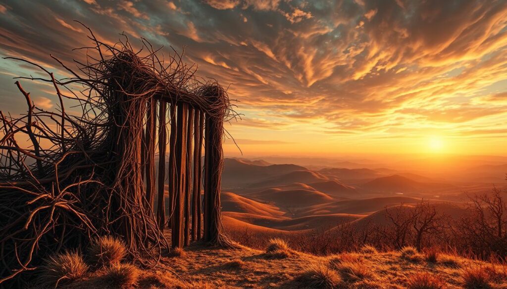 A surreal landscape reflecting the boundaries of the mind. In the foreground, a towering gate made of dense thorns and twisted branches, its spikes glinting in warm, golden light. Beyond the gate, a vast expanse of rolling hills and valleys, rendered in muted, earthy tones. The sky above is a kaleidoscope of swirling colors, hinting at the complexity and depth of the inner psyche. The scene is captured through the lens of a wide-angle camera, emphasizing the sense of scale and the challenges one must overcome to defend their mental boundaries. An atmosphere of contemplation and resilience permeates the image.