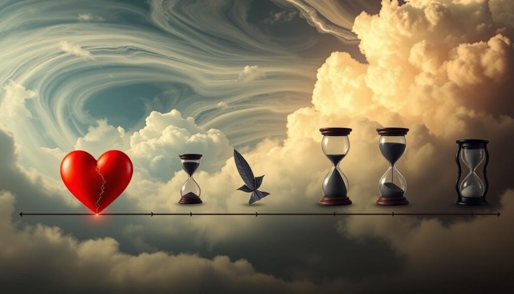 A timeline of emotional shifts, a rollercoaster of love and devaluation. In the foreground, a heart morphing from bright, vibrant red to a dull, broken gray. The middle ground shows a series of hourglass figures, each representing a stage of the cycle - infatuation, idealization, devaluation, and discard. The background is a swirling, dreamlike landscape, with clouds that transform from fluffy and white to dark and ominous. Soft, warm lighting illuminates the central elements, conveying the initial warmth and passion, while the fading light symbolizes the inevitable decline. The overall mood is bittersweet, a cautionary tale of the perils of love bombing and its toxic aftermath.
