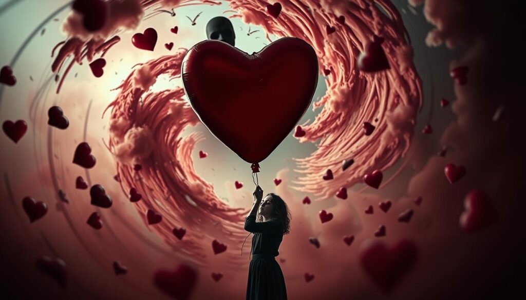 A volatile cycle of intense intimacy and sudden withdrawal. In the foreground, a figure grasps at a heart-shaped balloon, rapidly deflating. Surrounding them, a swirling vortex of emotions - the initial idealization now crumbling into devaluation. Muted colors and distorted perspectives convey the disorienting experience. In the background, the faceless spectre of the manipulator, their influence permeating the scene. Dramatic lighting casts dramatic shadows, highlighting the subject's vulnerable isolation. An unsettling, dreamlike quality pervades the image, reflecting the insidious nature of love bombing.