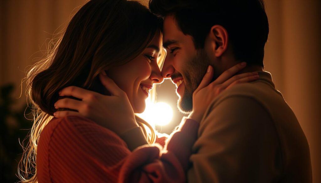 A warm, intimate embrace between two people, faces close, eyes locked in a loving gaze. The soft, ambient light creates an intimate, romantic atmosphere, casting a gentle glow on their features. The background is blurred, creating a sense of focus on the emotional connection between the pair. The angle is slightly elevated, giving a sense of closeness and intimacy. The image conveys a feeling of intense affection, tenderness, and the heady rush of new love in the early stages of a relationship.