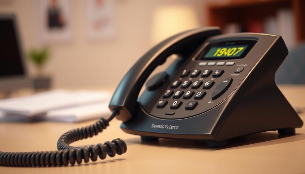 A well-lit, close-up shot of a domestic violence hotline phone, its receiver off-hook and the number displayed prominently. In the background, a softly blurred image of a desk or table, conveying a calm, supportive office environment. The lighting is warm and inviting, evoking a sense of safety and security. The overall mood is one of professionalism, care, and a commitment to providing a crucial resource for those in need of help and guidance.
