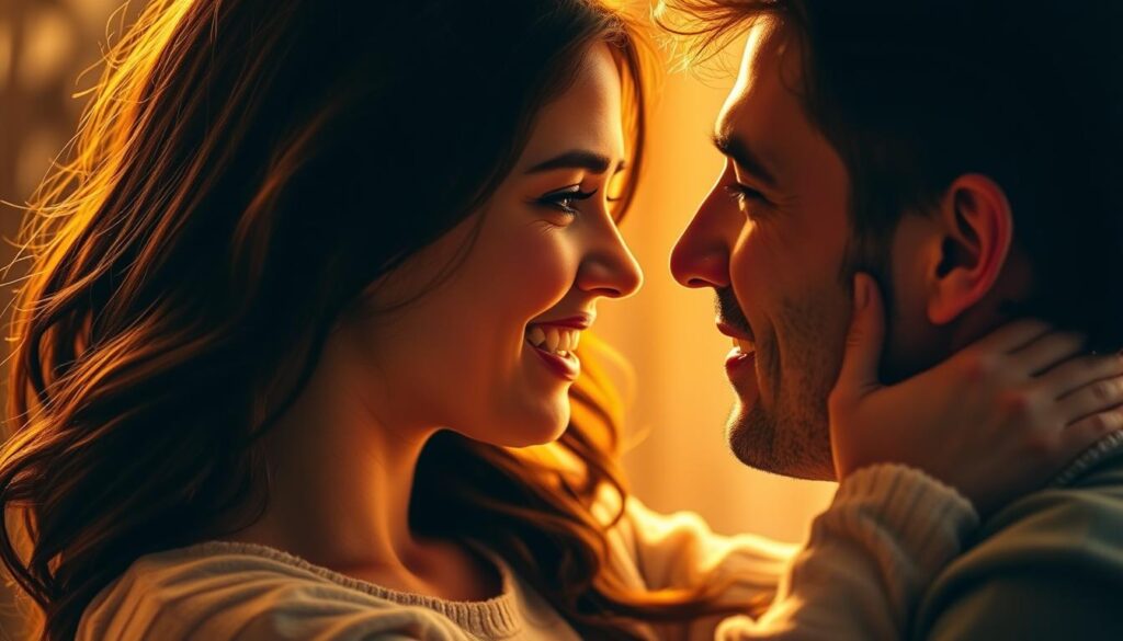 A young woman being overwhelmed by the intense affection and attention from her partner, their faces close together, gazing into each other's eyes with a mix of joy and unease. The scene is bathed in a warm, golden light, creating an intimate and dreamlike atmosphere. The background is slightly blurred, emphasizing the couple's connection. The woman's expression conveys a sense of being swept away, while her partner's gaze is unwavering, suggesting an imbalance of power. The image captures the complex dynamics of a "love bombing" relationship, where emotional control is being exerted through excessive displays of affection.