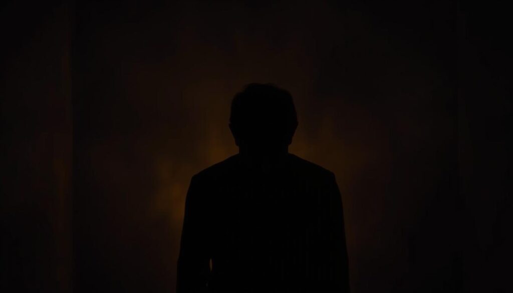 An isolated figure, cut off from the world, stands alone in a dimly lit room. Shadows loom, creating a sense of oppression and constraint. The figure's gaze is downcast, conveying a loss of agency and autonomy. Warm, focused lighting illuminates the face, highlighting a pained expression of resignation and vulnerability. The background is hazy and indistinct, emphasizing the individual's sense of detachment and loss of connection. Subtle details like a bare, sparse environment and a single, controlling presence suggest the systematic erosion of personal freedom and the imposition of external influence. The overall mood is one of disquiet, isolation, and the gradual surrender of self.