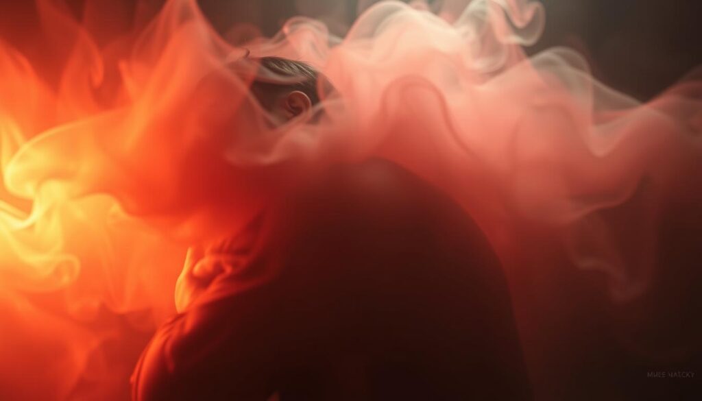 Flooding with affection: a dramatic scene of overwhelming emotional intensity. In the foreground, a figure enveloped in a warm embrace, their features blurred by a hazy, ethereal glow. In the middle ground, tendrils of vibrant, undulating colors swirl and converge, creating a sense of sensory overload. The background is shrouded in a deep, enveloping darkness, heightening the feeling of being consumed by the emotional deluge. Soft, diffused lighting casts a dreamlike, chiaroscuro effect, evoking the disorienting and hypnotic nature of codependent attention flooding. The overall composition conveys a sense of both comfort and constriction, intimacy and suffocation.