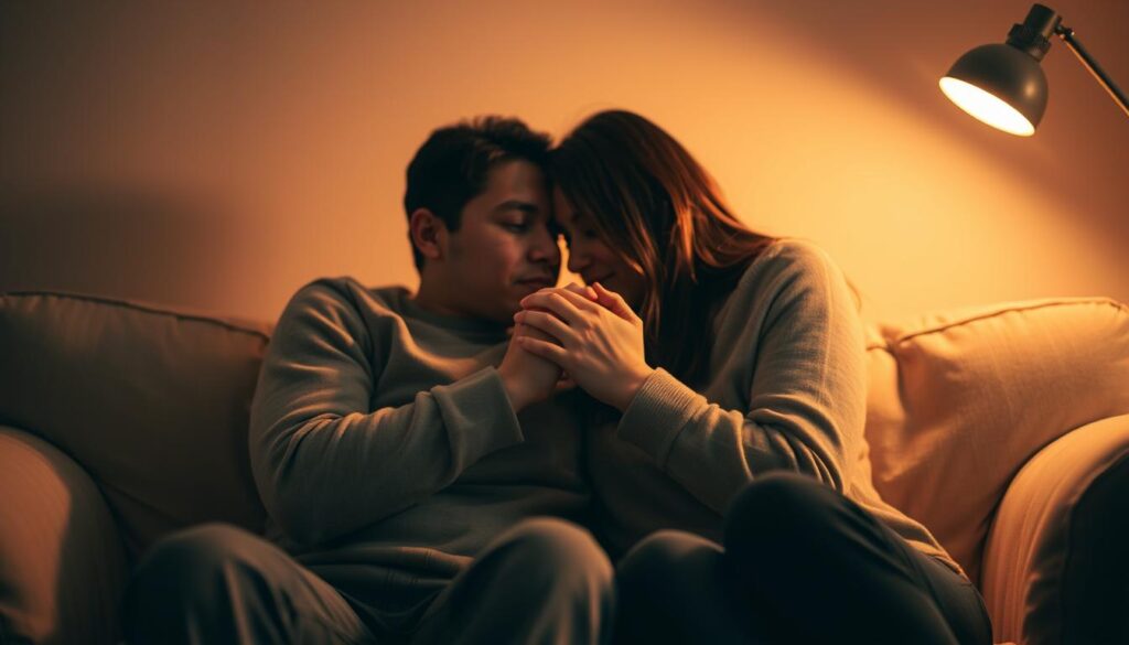 Intimate, tightly-framed scene of two friends sitting together on a soft, plush couch. Warm, soft lighting bathes the couch in a gentle, glowing aura. The friends are leaning in towards each other, their faces close and expressions intense. One friend's hands are clasped tightly around the other's, conveying a sense of overwhelming affection and attention. The background is blurred, focusing all attention on the enveloping, smothering embrace between the two friends. An atmosphere of overwhelming, almost suffocating, care and connection permeates the scene.